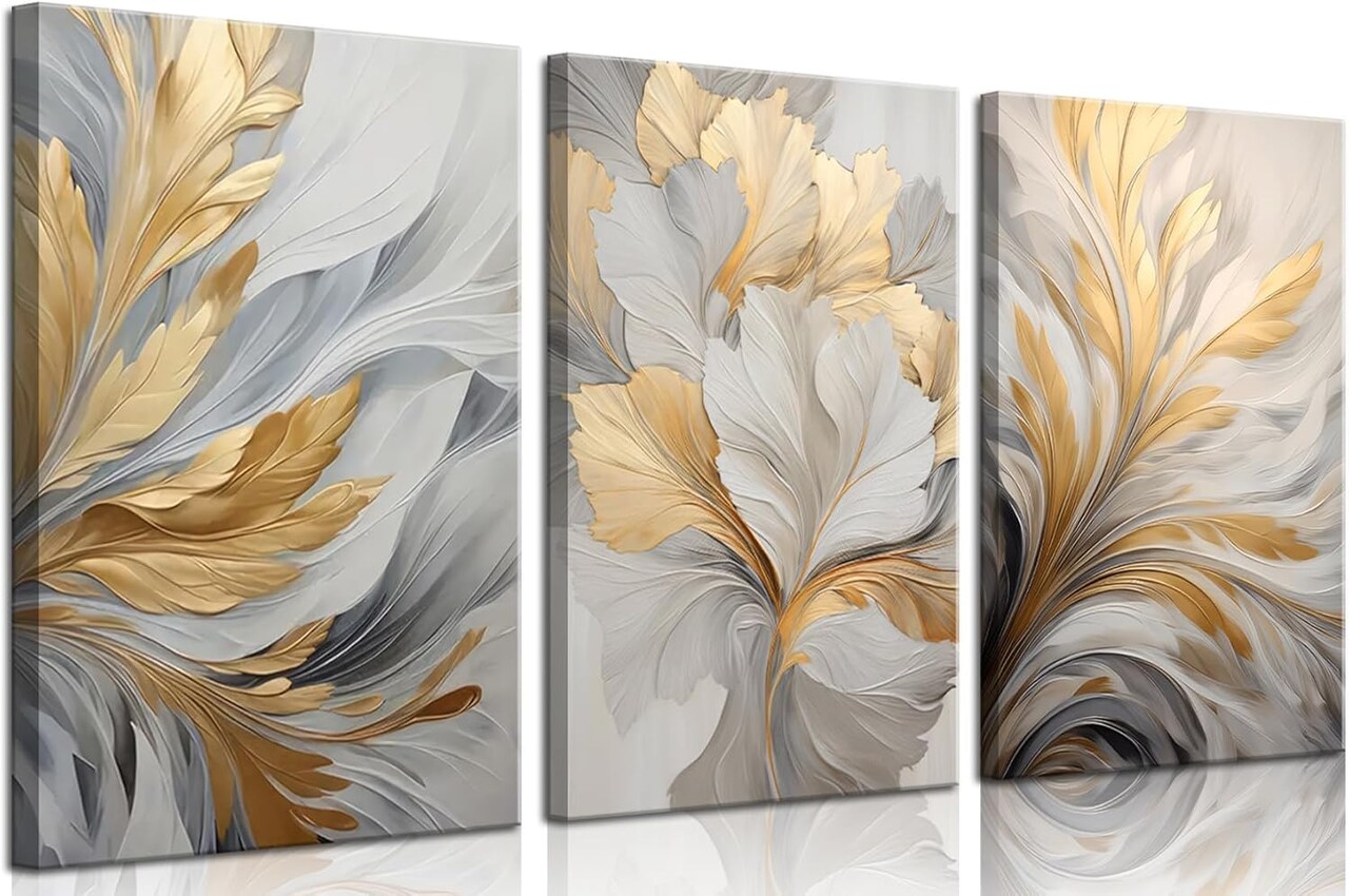 3Pcs Modern Abstract Golden White Leaves Canvas Wall Art (16x24in)